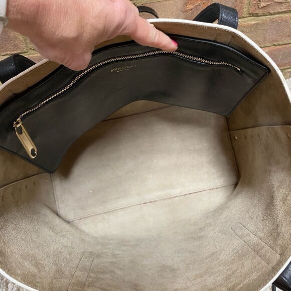 Jimmy Choo East-West Blush & Off White Logo Embossed Leather Twist Tote Bag - Picture 7 of 14